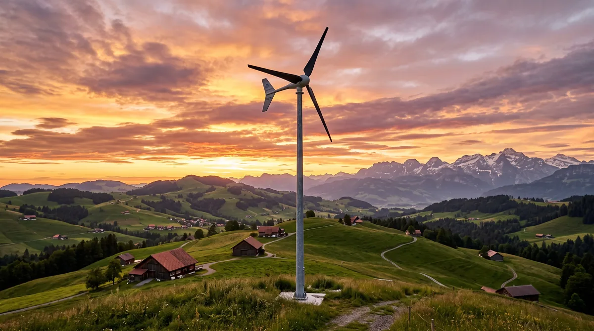 Petite éolienne domestique sur mât dans la campagne suisse au coucher du soleil