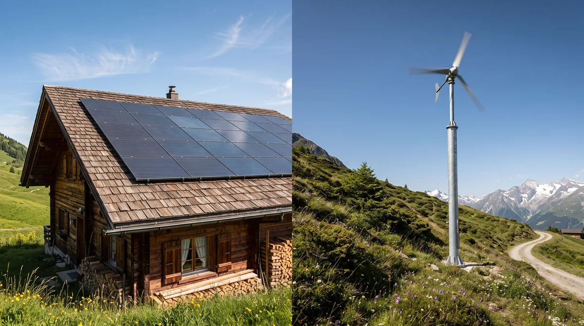 Panneaux solaires en toiture et éolienne domestique sur la même propriété en Suisse