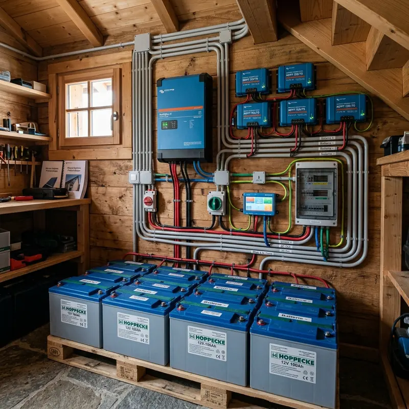 Parc de batteries et régulateurs de charge d'un système hybride en site isolé