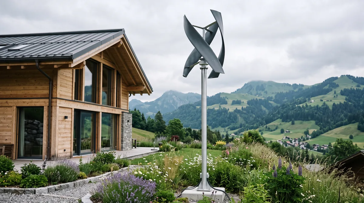 Éolienne domestique à axe vertical installée dans le jardin d'une maison suisse