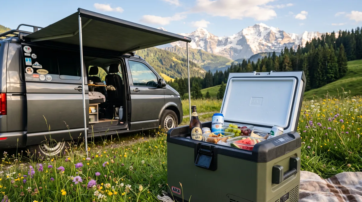 Glacière à compresseur ouverte à côté d'un van aménagé dans une prairie suisse