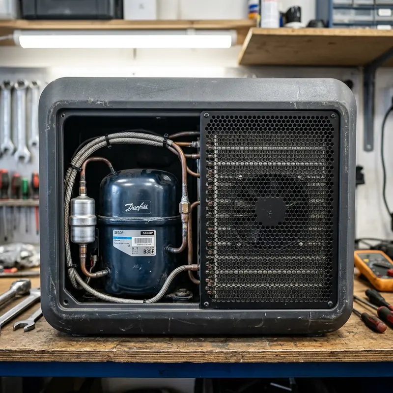 Détail du groupe compresseur et de la grille de refroidissement d'une glacière portable