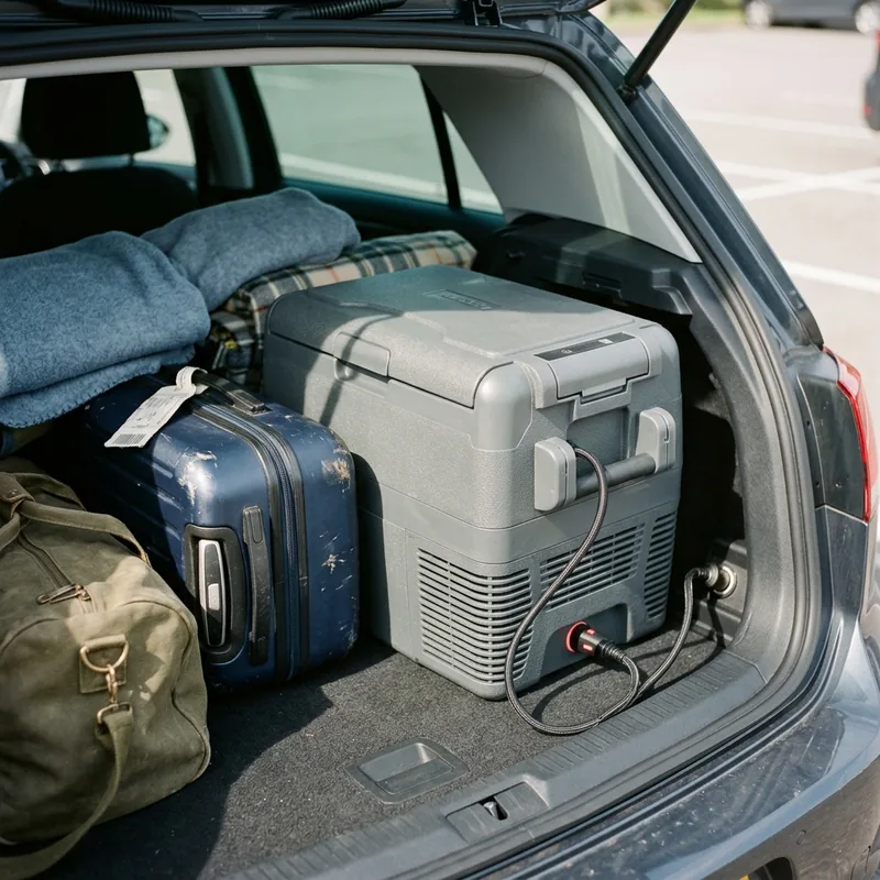 Glacière thermoélectrique branchée sur la prise 12 V dans le coffre d'une voiture