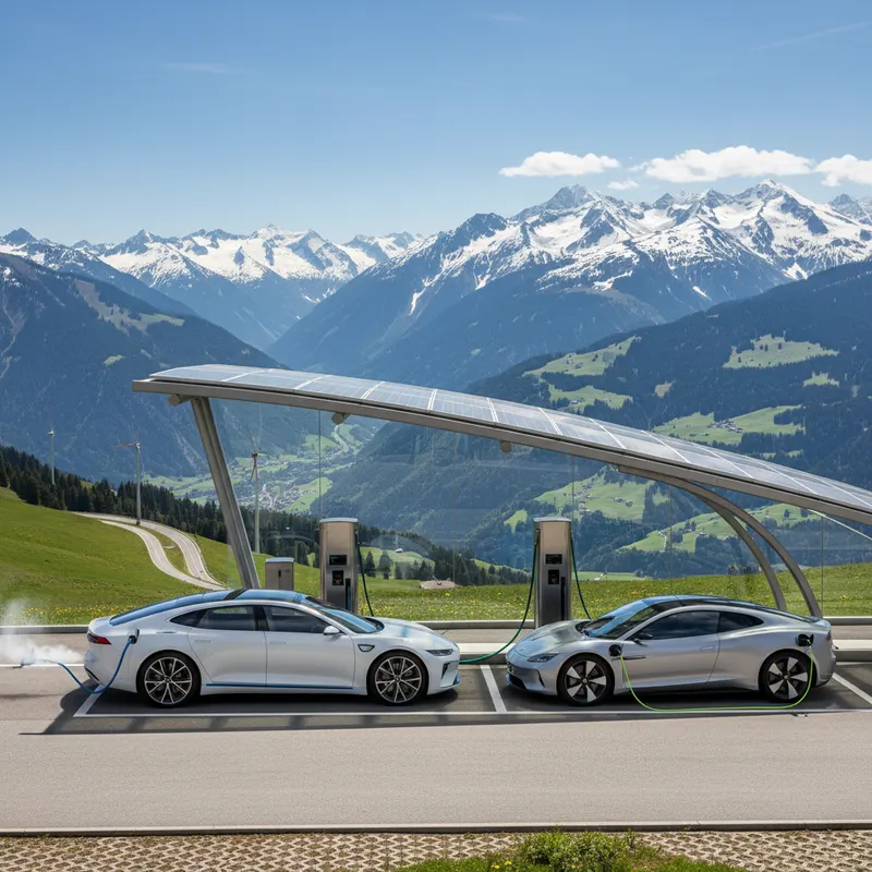 Voiture à hydrogène et voiture électrique comparées sur une route de montagne suisse
