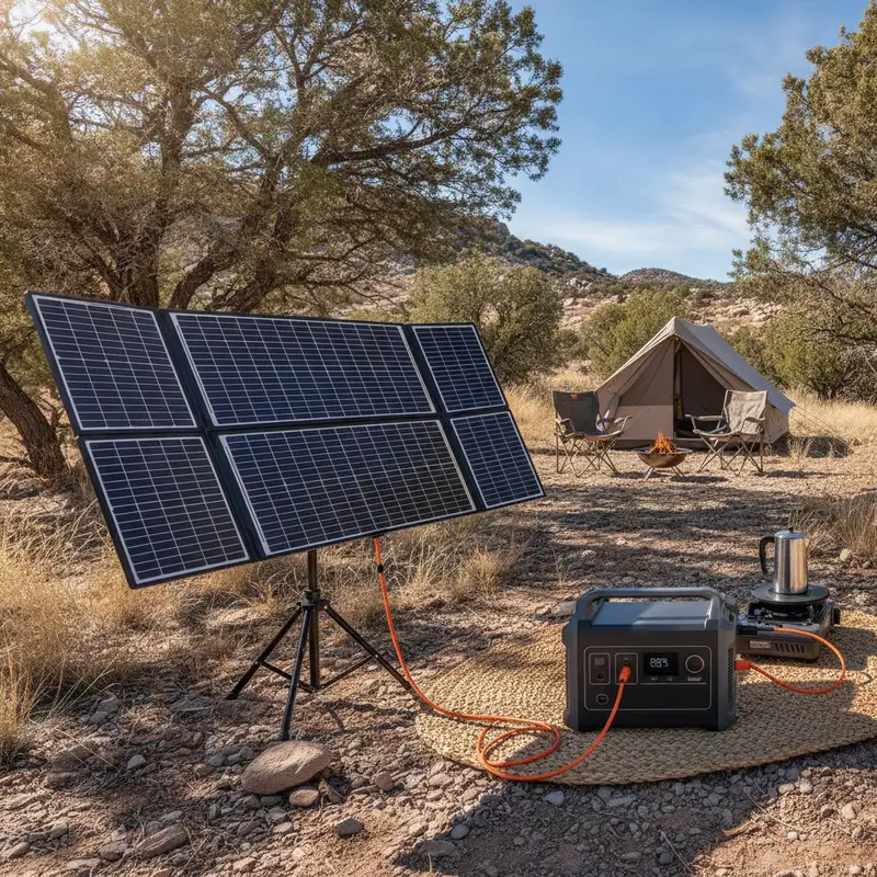 Panneau solaire pliable installé pour recharger une station d'énergie
