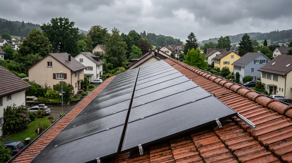Panneaux solaires sur un toit sous un ciel gris couvert en Suisse