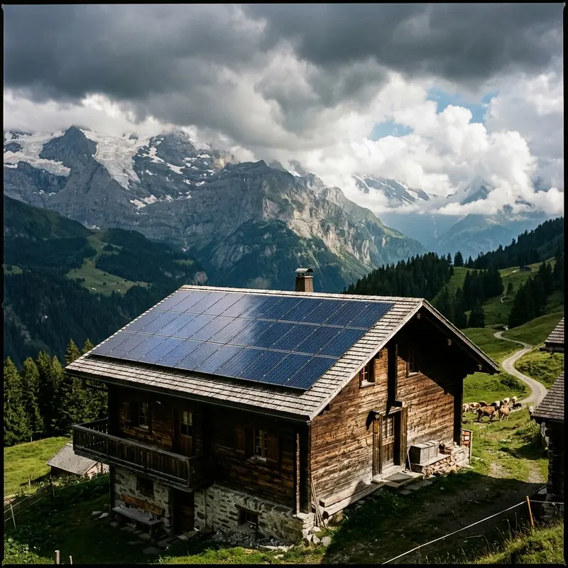 Rayons de soleil perçant les nuages sur des panneaux solaires en montagne