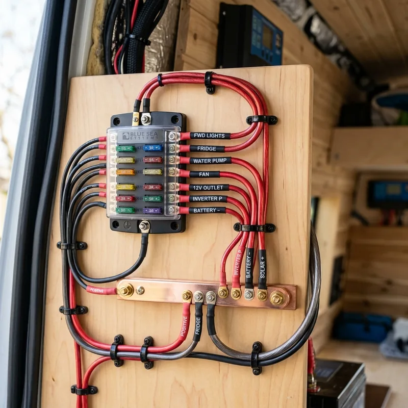 Installation 12 V soignée avec porte-fusibles et barre de distribution dans un van aménagé