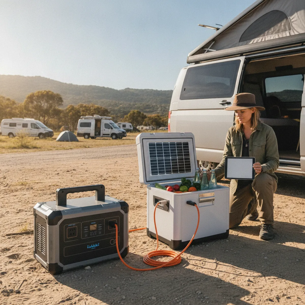 Station d'énergie portable alimentant un réfrigérateur de camping